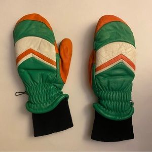 Vintage Aris leather mittens made in Japan green orange white ladies S